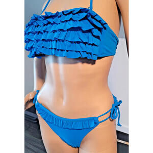 Woman Small Royal  Blue Ruffle Bikini Top/ Low Rise Bottom Removable Straps